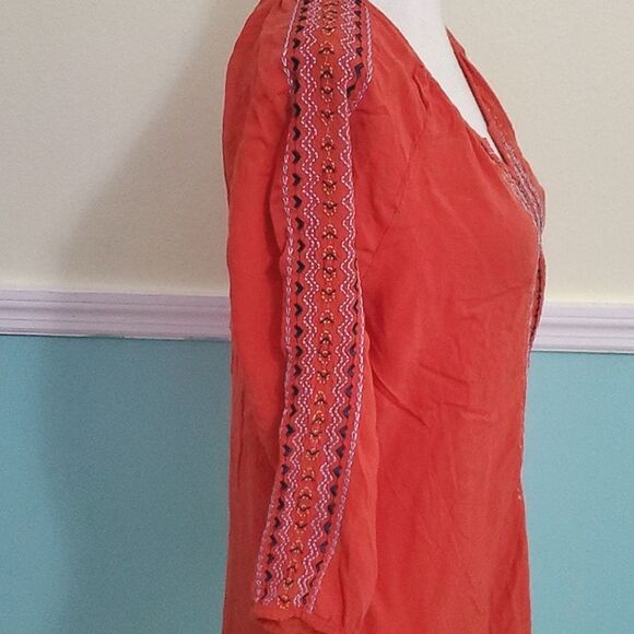 One World Red Orange Embroidered 3/4 Sleeves Boho Peasant Top - Picture 6 of 11